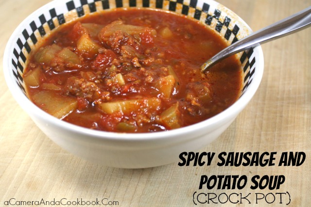 Spicy Sausage and Potato Soup {Crockpot} - Looking for an easy soup? This Spicy Sausage and Potato Soup is cooked in the crockpot and will be ready to eat when you get home from work.