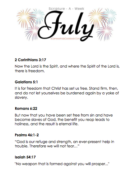 July Scripture-a-Week - Is memorizing Bible Verses a goal you have? This Scripture-a-Week printable will help you get started with some great scriptures for the month of July!