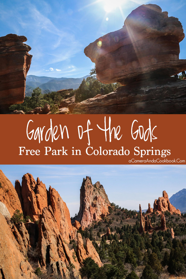 Garden of the Gods - registered National Natural Landmark. 300 foot sandstone rock formations which is made even more beautiful by the backdrop of snow-capped Pikes Peak and blue skies.